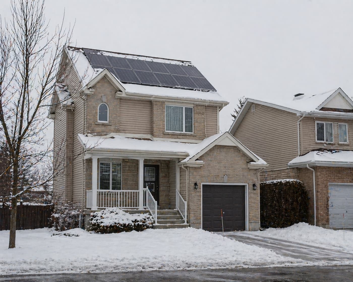 Maison unifamiliale avec panneaux solaires en hiver, banlieue québécoise